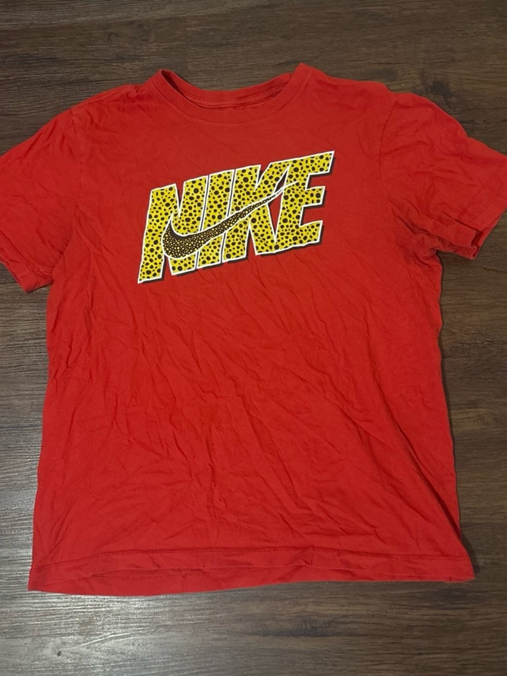 Nike Men's Red Short-Sleeve Logo Tee with Yellow Accent